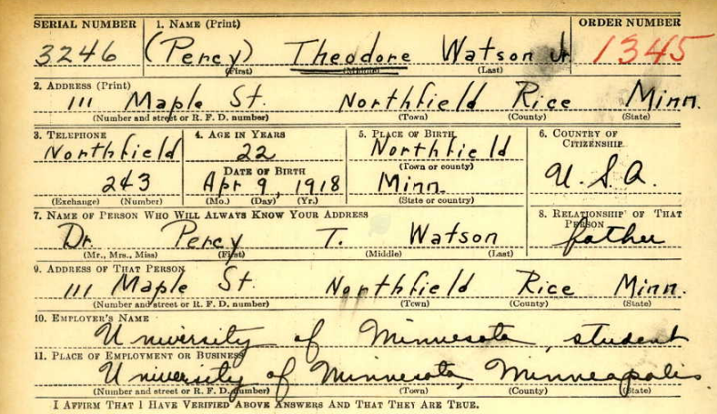 P. Theodore Watson draft card